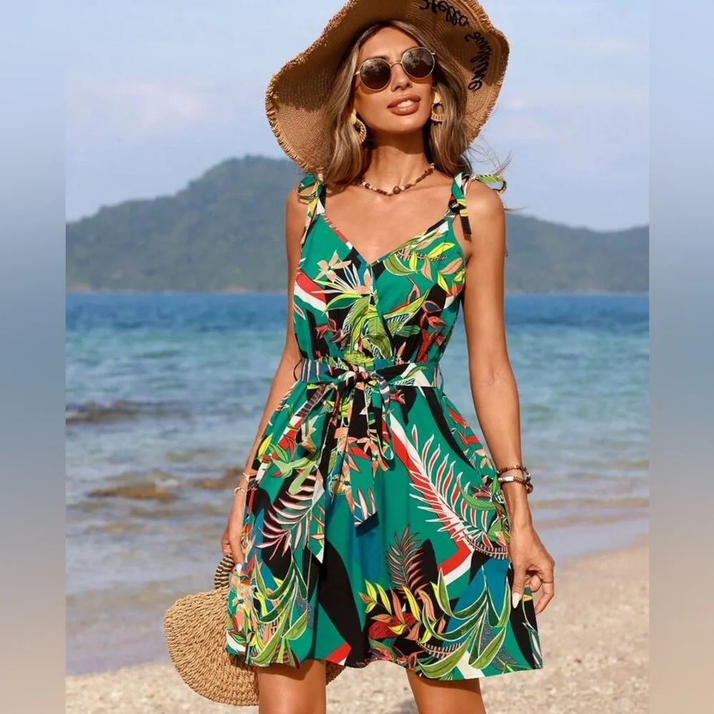 SHEIN VCAY Vacation Tropical Printed Spaghetti Strap Dress Size Large - Picture 2 of 13